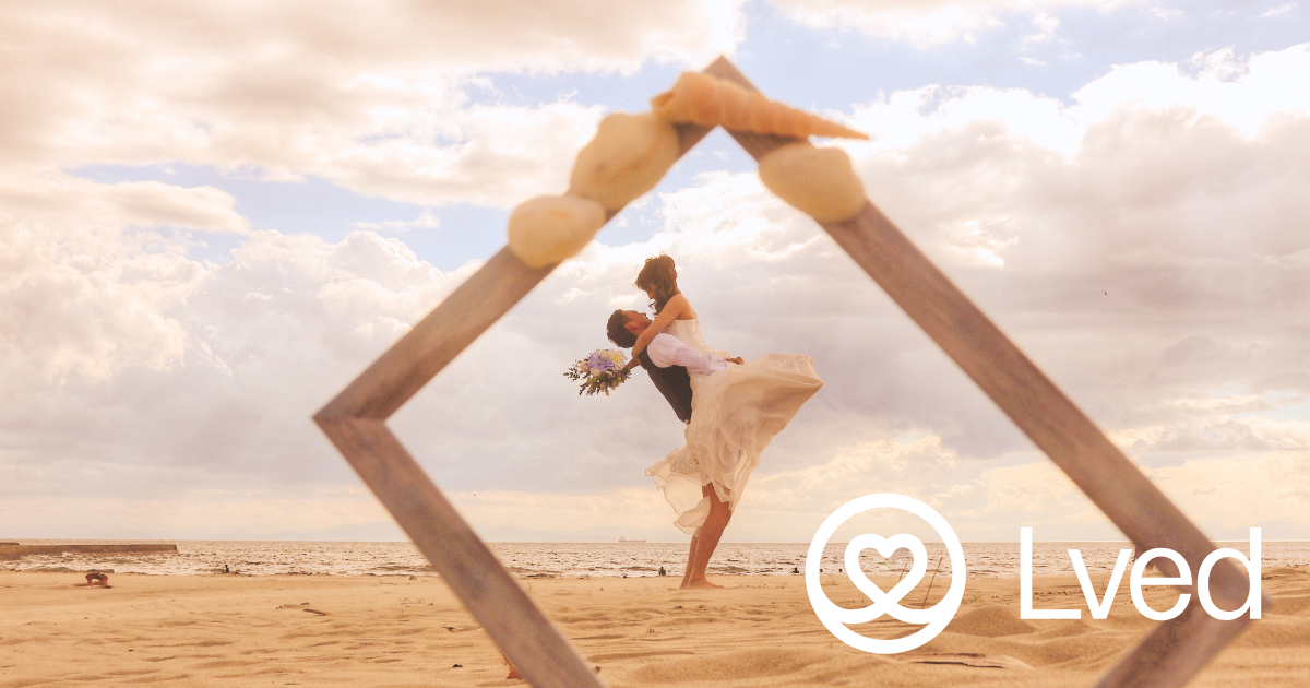 Newlyweds hugging in a diagonal position at distance and with a diagonal wooden frame framing them